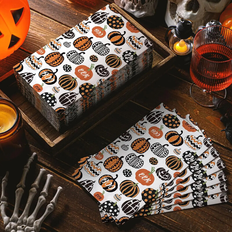 100 ks papierových obrúskov s tekvicou na Halloween, 33 * 40 cm, 2-vrstvové jednorazové obrúsky s kreslenou tekvicou na Halloween na Deň vďakyvzdania