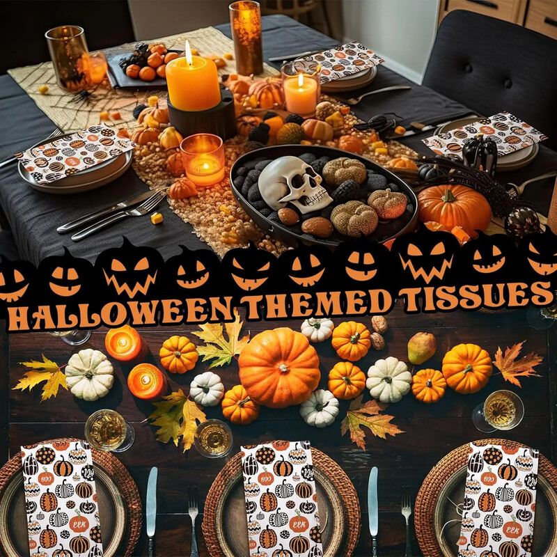 100 ks papierových obrúskov s tekvicou na Halloween, 33 * 40 cm, 2-vrstvové jednorazové obrúsky s kreslenou tekvicou na Halloween na Deň vďakyvzdania