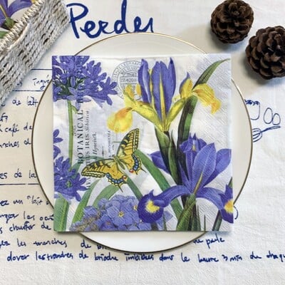 20db/táska Vintage pillangós virág decoupage papírszalvéták kék virágos papírszalvéta karácsonyi születésnapi étkészlet dekorációhoz