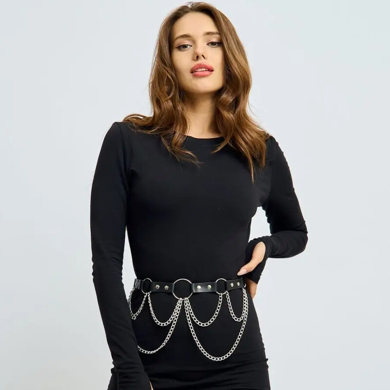 Moteriškas „Trend Punk“ diržas su grandine, juosmens diržo puošmena Moteriškas gatvės stiliaus platus juosmuo Odinis diržas Goth drabužių aksesuaras