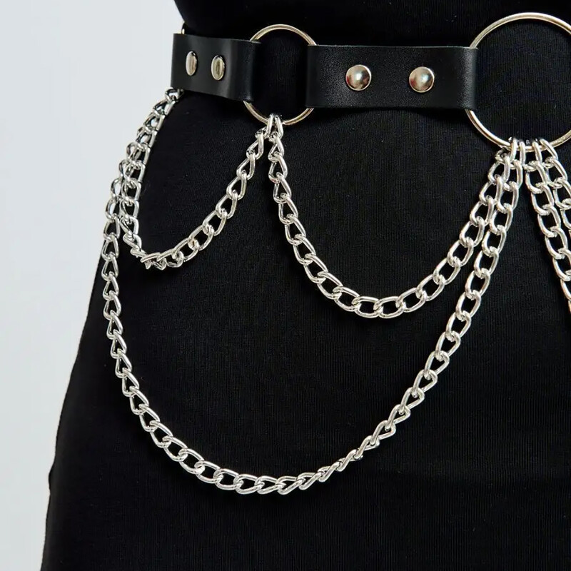 Moteriškas „Trend Punk“ diržas su grandine, juosmens diržo puošmena Moteriškas gatvės stiliaus platus juosmuo Odinis diržas Goth drabužių aksesuaras