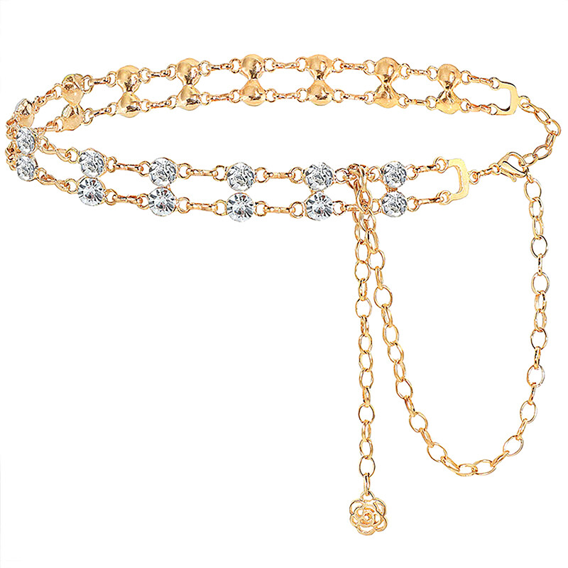 Cureaua cu lanț metalic creativ, modă, versatil, din aliaj, cu strasuri, pentru talie, pentru doamnă, cu straturi duble de lux, lanț pentru corp cu diamante de cristal