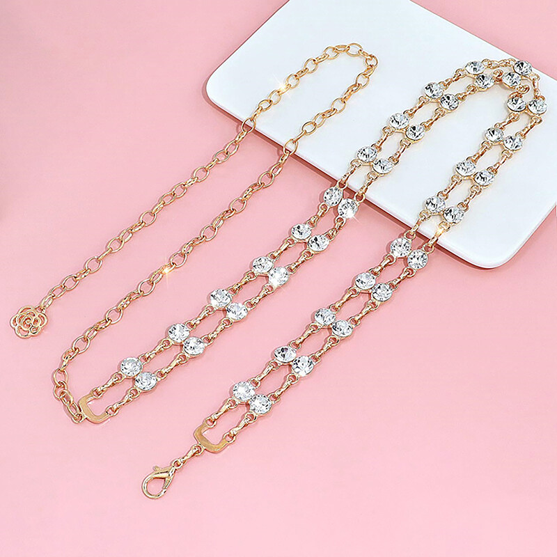 Cureaua cu lanț metalic creativ, modă, versatil, din aliaj, cu strasuri, pentru talie, pentru doamnă, cu straturi duble de lux, lanț pentru corp cu diamante de cristal