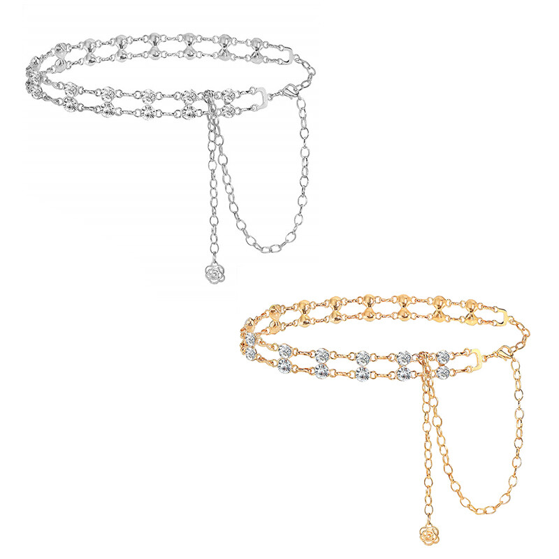 Cureaua cu lanț metalic creativ, modă, versatil, din aliaj, cu strasuri, pentru talie, pentru doamnă, cu straturi duble de lux, lanț pentru corp cu diamante de cristal