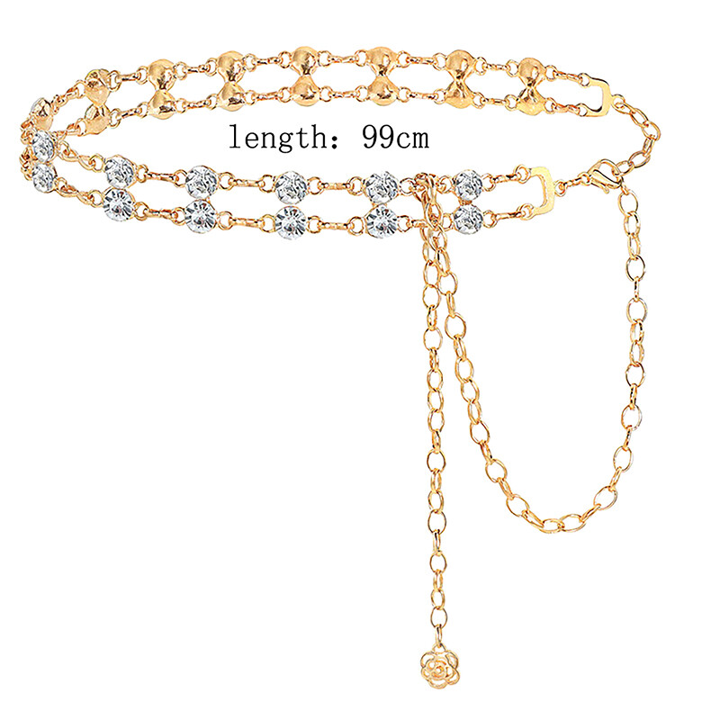 Cureaua cu lanț metalic creativ, modă, versatil, din aliaj, cu strasuri, pentru talie, pentru doamnă, cu straturi duble de lux, lanț pentru corp cu diamante de cristal