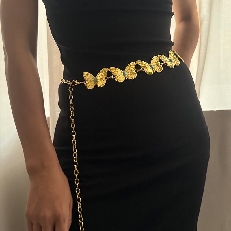 Cureaua de epocă cu lanț de talie pentru femei Punk Y2K Curele metalice de safir pentru femei Fluture, de lux, talie aurie pentru vară, fustă, blugi