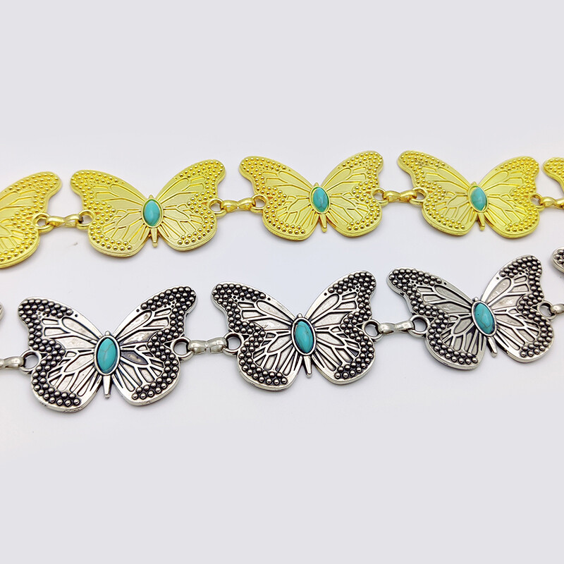 Cureaua de epocă cu lanț de talie pentru femei Punk Y2K Curele metalice de safir pentru femei Fluture, de lux, talie aurie pentru vară, fustă, blugi