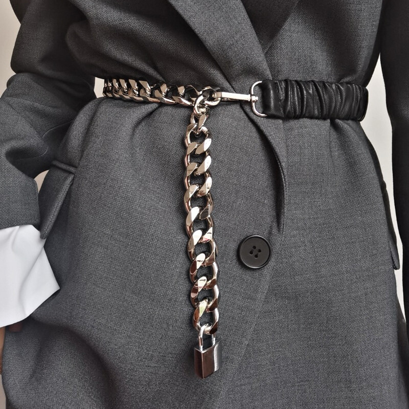 Ελαστική δερμάτινη ασημένια αλυσίδα γυναικεία ζώνη φόρεμα Stretch Cummerbunds Γυναικείο παλτό Κορσέ Μακριά μεγάλη ζώνη μέσης Ζώνες Γυναικεία λουράκι