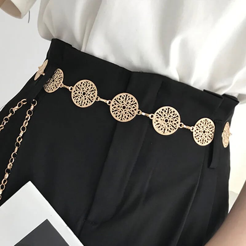 Elegantný okrúhly kovový opasok pre ženy, retro zlato-strieborný vyrezávaný dutý reťazec, dlhé opasky, módne šaty, ozdobný dámsky pás
