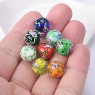 Kerek, 12 mm-es virágmintás, kézzel készített lámpafényű üveg laza gyöngyök ékszerekhez Barkácsolás kézműves leletek
