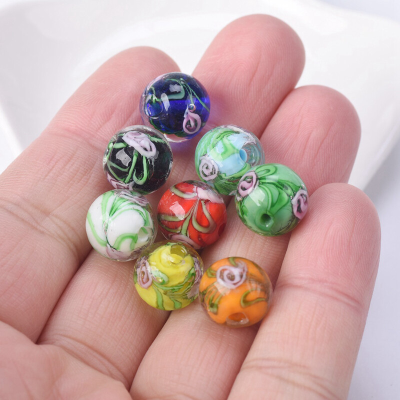 Kerek, 12 mm-es virágmintás, kézzel készített lámpafényű üveg laza gyöngyök ékszerekhez Barkácsolás kézműves leletek