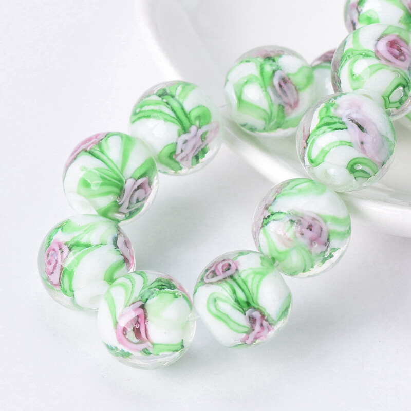 Kerek, 12 mm-es virágmintás, kézzel készített lámpafényű üveg laza gyöngyök ékszerekhez Barkácsolás kézműves leletek