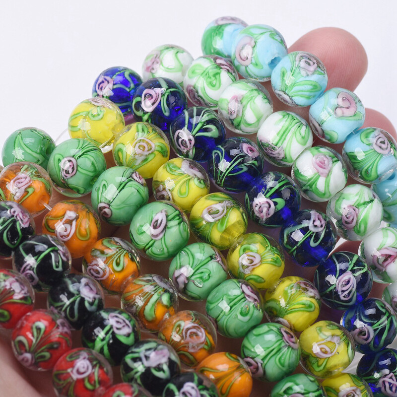 Kerek, 12 mm-es virágmintás, kézzel készített lámpafényű üveg laza gyöngyök ékszerekhez Barkácsolás kézműves leletek