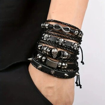 5 τμχ Μεταλλικά Diy Braided Punk Style Bracelet Set, με δέρμα Pu και χάντρες