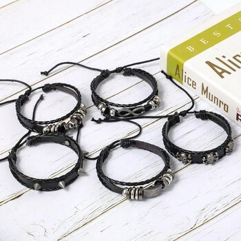 5 τμχ Μεταλλικά Diy Braided Punk Style Bracelet Set, με δέρμα Pu και χάντρες