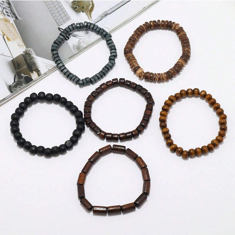 6PCS Wodeen pletena omotana kožna narukvica za muškarce Vintage Life Wood Beads Modna muška narukvica