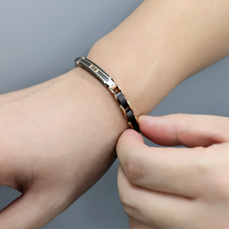 Narukvica od nehrđajućeg čelika za muškarce, crni cirkon, klasično presvučeno ružičastim zlatom, modno drvo i metal
