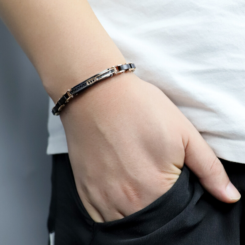 Narukvica od nehrđajućeg čelika za muškarce, crni cirkon, klasično presvučeno ružičastim zlatom, modno drvo i metal