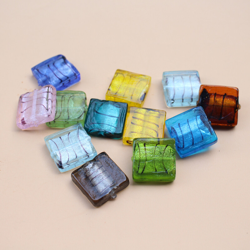 20 mm štvorcové korálky, sklenené korálky, čierne pruhy, fóliované, viacfarebné, na výrobu šperkov, DIY remeslá, ružová zmes materiálov
