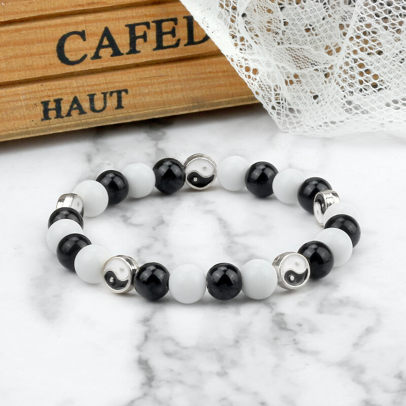 Madinga balta ir juoda mišri apyrankė su karoliukais moterims Vyrams Etninė Tai Chi Yin Yang Balance jogos apyrankės Apyrankės Porai Papuošalai Dovana