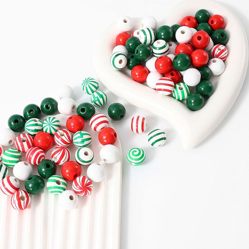 iYOE 20db 16mm cukorka mintás piros zöld csíkok egyszínű távtartó fa gyöngyök ékszerekhez karácsonyi nyaklánc karkötő