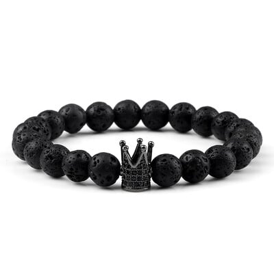 Vintage náramky s príveskami CZ King Crown pre mužov 8 mm prírodné korálky z čierneho lávového kameňa, elastické náramky, módne dámske liečivé šperky