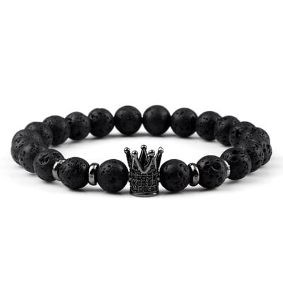 Vintage náramky s príveskami CZ King Crown pre mužov 8 mm prírodné korálky z čierneho lávového kameňa, elastické náramky, módne dámske liečivé šperky