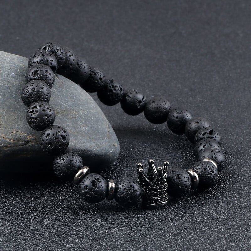 Vintage náramky s príveskami CZ King Crown pre mužov 8 mm prírodné korálky z čierneho lávového kameňa, elastické náramky, módne dámske liečivé šperky