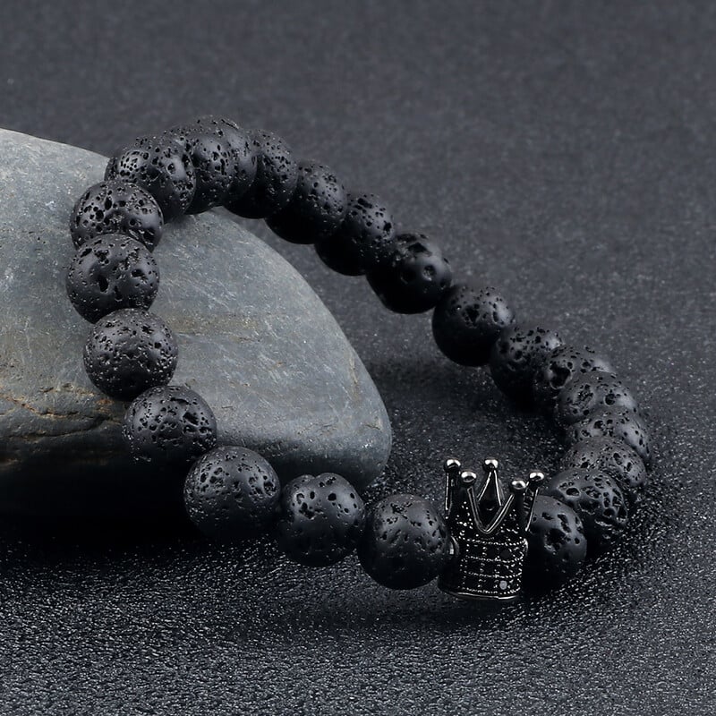 Vintage náramky s príveskami CZ King Crown pre mužov 8 mm prírodné korálky z čierneho lávového kameňa, elastické náramky, módne dámske liečivé šperky