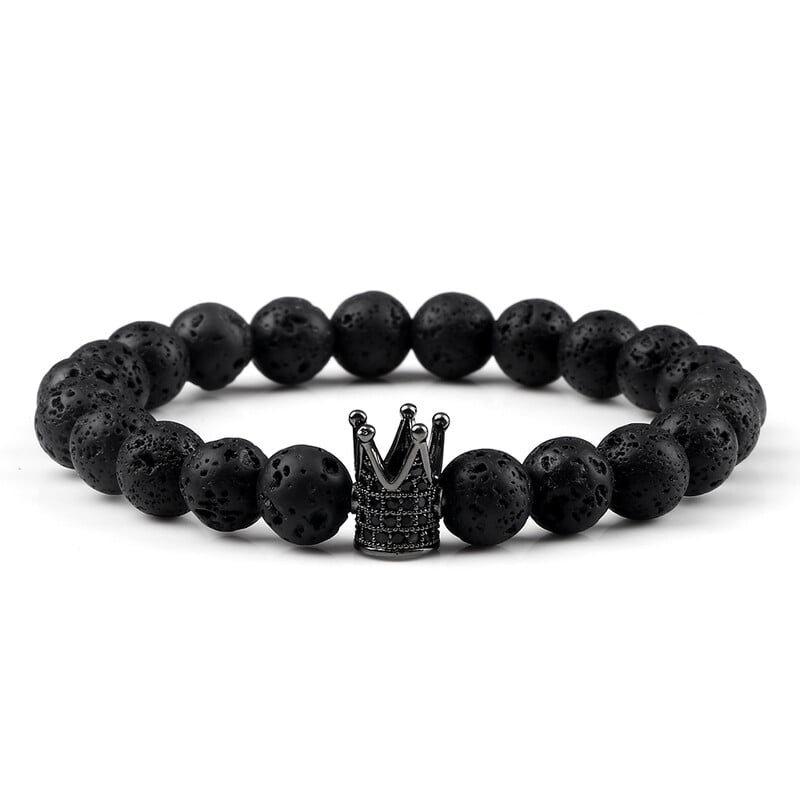 Vintage náramky s príveskami CZ King Crown pre mužov 8 mm prírodné korálky z čierneho lávového kameňa, elastické náramky, módne dámske liečivé šperky