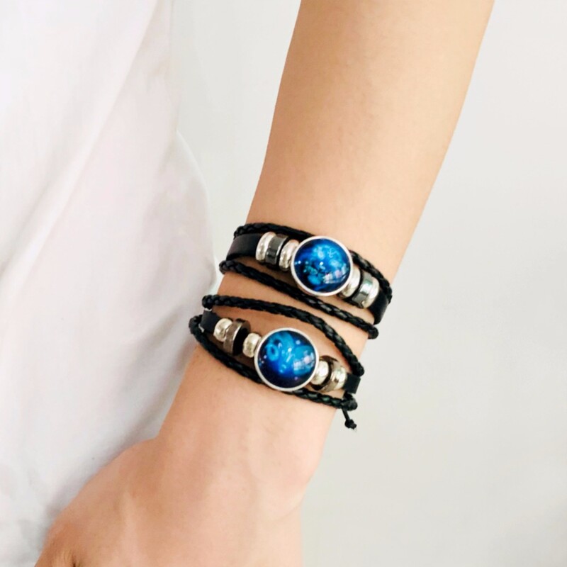 2 DB/Szett 12 csillagkép rozsdamentes acél bőr karkötő 12 zodiákus titán acél karkötő karkötő karkötő mandzsetta karkötő