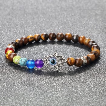 Lucky Evil Eye Hand Of Fatima Βραχιόλια Γυναικεία Ανδρικά 6mm Χάντρες από φυσική πέτρα 7 τσάκρα Ελαστικά βραχιόλια προσευχής Δώρα κοσμήματα για ζευγάρια