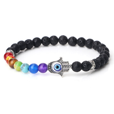 Lucky Evil Eye Hand Of Fatima Гривни Жени Мъже 6 мм 7 Чакра мъниста от естествен камък Еластични молитвени гривни Подаръци за двойка бижута