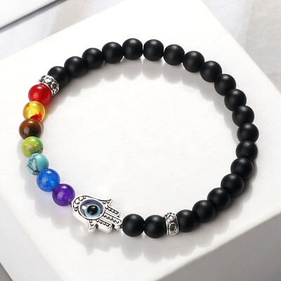 Lucky Evil Eye Hand Of Fatima Narukvice Žene Muškarci 6 mm Perle od prirodnog kamena sa 7 čakri Elastične molitvene narukvice Darovi za par Nakit
