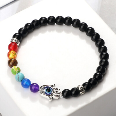 Lucky Evil Eye Hand Of Fatima Narukvice Žene Muškarci 6 mm Perle od prirodnog kamena sa 7 čakri Elastične molitvene narukvice Darovi za par Nakit