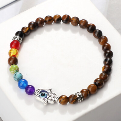 Lucky Evil Eye Hand Of Fatima Narukvice Žene Muškarci 6 mm Perle od prirodnog kamena sa 7 čakri Elastične molitvene narukvice Darovi za par Nakit