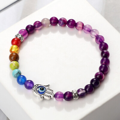 Lucky Evil Eye Hand Of Fatima Narukvice Žene Muškarci 6 mm Perle od prirodnog kamena sa 7 čakri Elastične molitvene narukvice Darovi za par Nakit