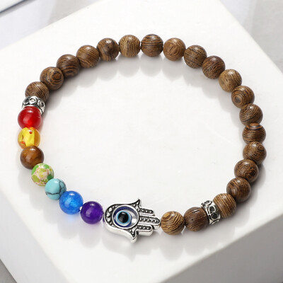 Lucky Evil Eye Hand Of Fatima Narukvice Žene Muškarci 6 mm Perle od prirodnog kamena sa 7 čakri Elastične molitvene narukvice Darovi za par Nakit