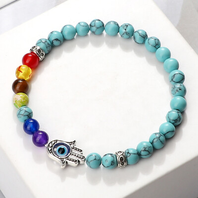 Lucky Evil Eye Hand Of Fatima Narukvice Žene Muškarci 6 mm Perle od prirodnog kamena sa 7 čakri Elastične molitvene narukvice Darovi za par Nakit