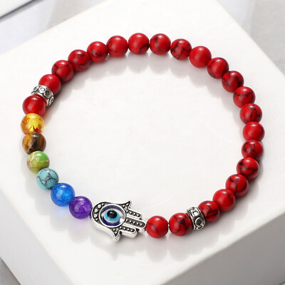Lucky Evil Eye Hand Of Fatima Narukvice Žene Muškarci 6 mm Perle od prirodnog kamena sa 7 čakri Elastične molitvene narukvice Darovi za par Nakit