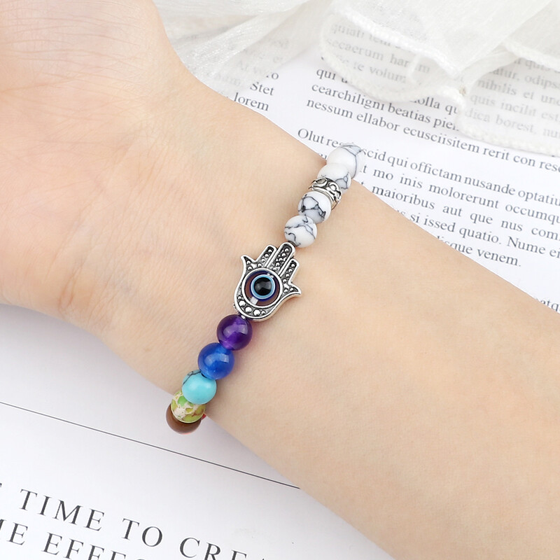 Lucky Evil Eye Hand Of Fatima Narukvice Žene Muškarci 6 mm Perle od prirodnog kamena sa 7 čakri Elastične molitvene narukvice Darovi za par Nakit