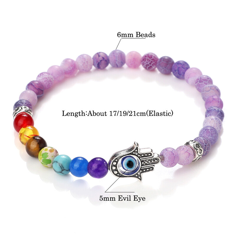 Lucky Evil Eye Hand Of Fatima Narukvice Žene Muškarci 6 mm Perle od prirodnog kamena sa 7 čakri Elastične molitvene narukvice Darovi za par Nakit
