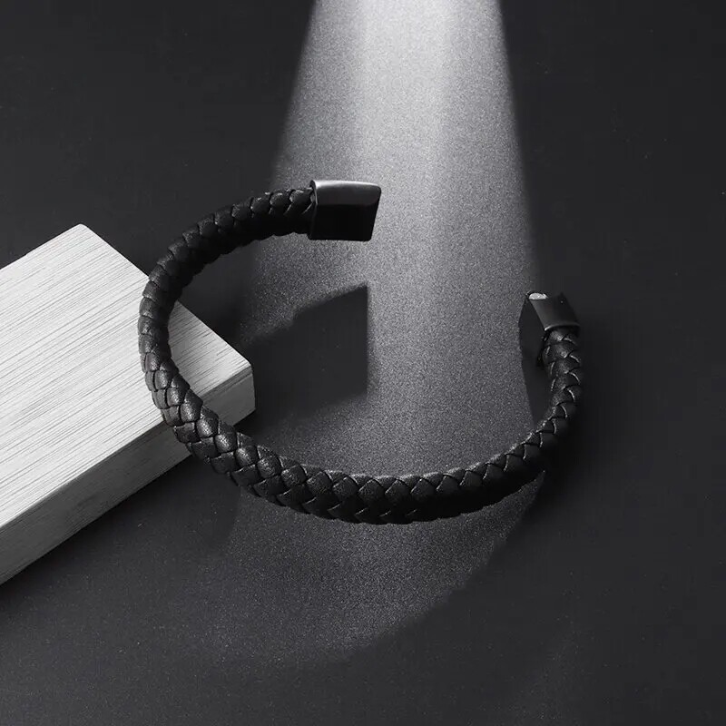 Brățară neagră din piele țesătă manual cu un singur strat la modă, cu închidere magnetică din metal, bijuterii de afaceri pentru bărbați, cadou de zi de naștere