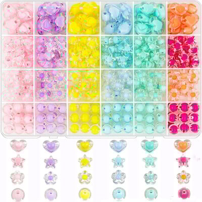 1 doboz aranyos akril gyöngyök karkötőkészítő készlet szív csillag virág stílusú kerek távtartó Laza gyöngyök ékszerkészítéshez barkácsolási kiegészítők