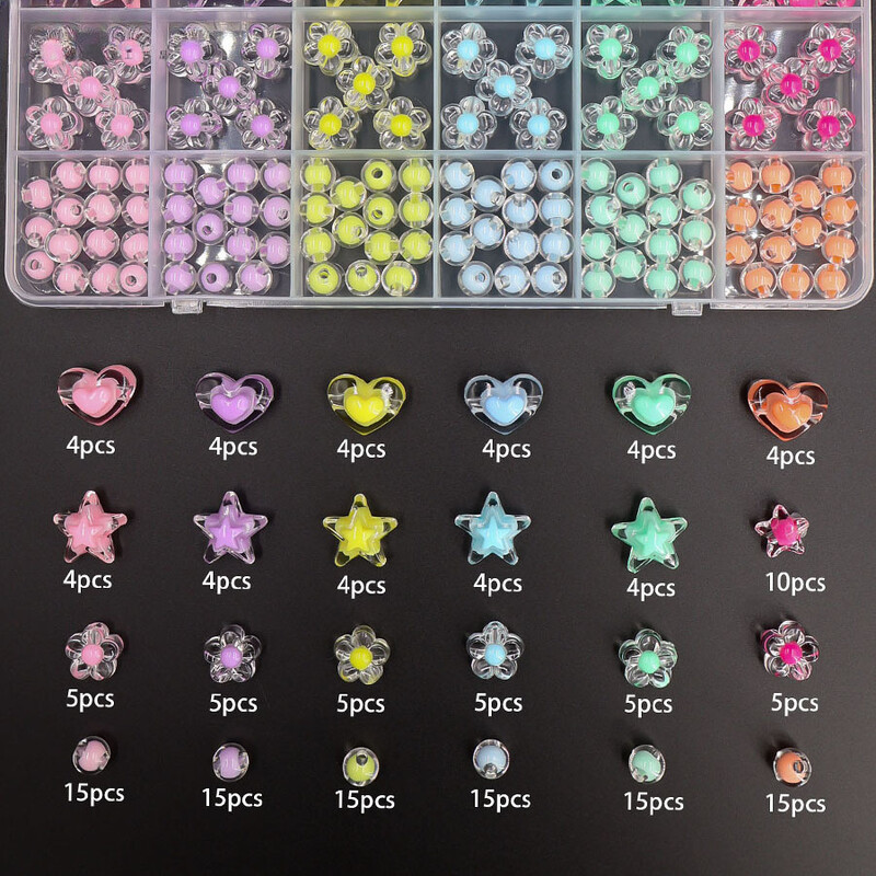 1 doboz aranyos akril gyöngyök karkötőkészítő készlet szív csillag virág stílusú kerek távtartó Laza gyöngyök ékszerkészítéshez barkácsolási kiegészítők