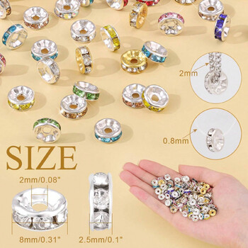 200Pcs/Κουτί 8mm Πολύχρωμο Μεταλλικό Rhinestone Rondelle Loose Spacer Beads Σετ για κοσμήματα Αξεσουάρ κολιέ βραχιολιών Diy