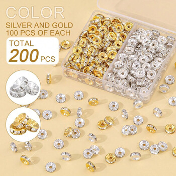 200Pcs/Κουτί 8mm Πολύχρωμο Μεταλλικό Rhinestone Rondelle Loose Spacer Beads Σετ για κοσμήματα Αξεσουάρ κολιέ βραχιολιών Diy