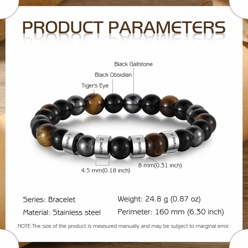 Brățări cu mărgele gravate cu nume personalizate pentru bărbați Brățară personalizată cu ochi de tigru obsidian negru cadou pentru soț, tată, fiu
