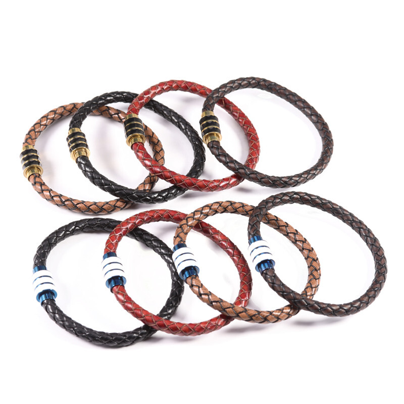 Brățară din piele naturală împletită, neagră, vintage, bărbați, femei, închizătoare magnetică din oțel inoxidabil, brățări pentru bărbați, bijuterii punk