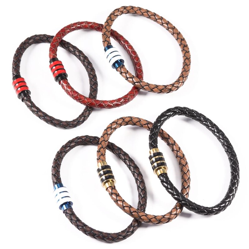 Brățară din piele naturală împletită, neagră, vintage, bărbați, femei, închizătoare magnetică din oțel inoxidabil, brățări pentru bărbați, bijuterii punk